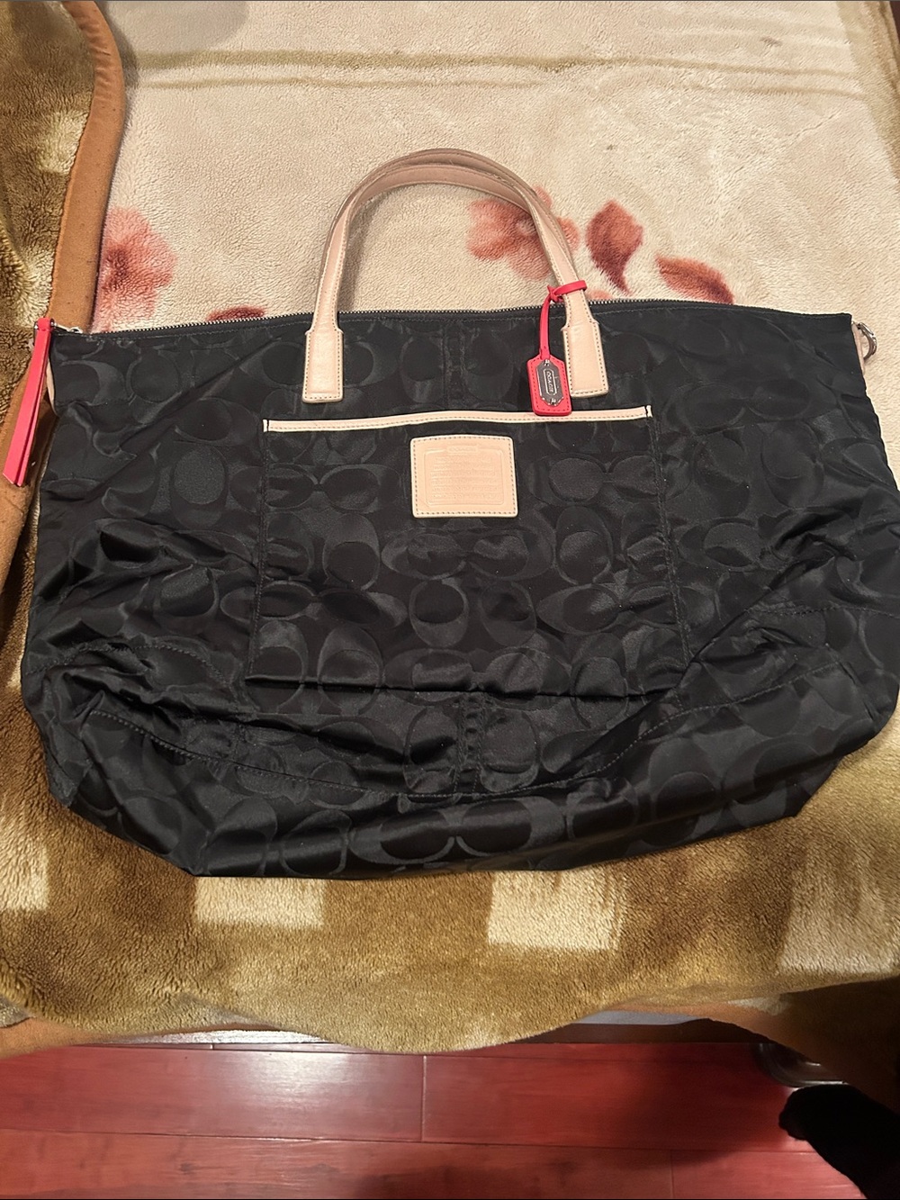 Coach Black Signature Tote with Light Tan Handles and Red Accent